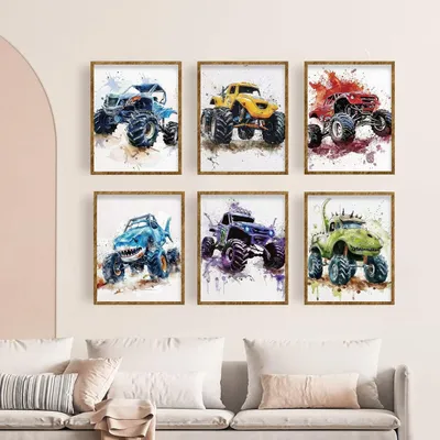 Produktbild von Monster Truck Wanddekoration - Leinwanddrucke - Geeignet für das Kinderzimmer - 6 Stück - 8" x 10"