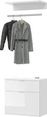 Produktbild von Garderobe Set 3-teilig "SystemX" weiß Hochglanz Kommode und Kleiderstange 61 cm