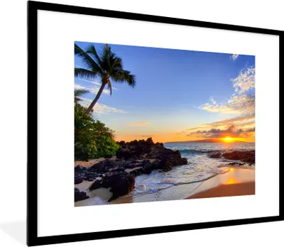 Produktbild von MuchoWow® Gerahmtes Poster Strand - Meer - Sonnenuntergang - Hawaii 80x60 cm - Poster mit Schwarzem Bilderrahmen Wandposter Rahmen Foto Bilder - Schlafzimmer-Dekorationen - Fotoposter