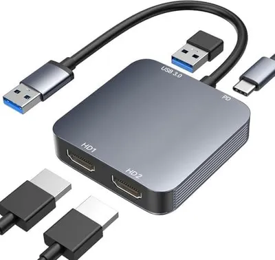 Produktbild von USB 3.0 auf Dual HDMI Adapter mit USB3.0 Port, HDMI zu USB Audio Video Grafikkonverter Kabel für Laptop Monitor Desktop TV, kompatibel mit Mac OS, Windows