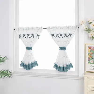 Produktbild von Joyswahl Scheibengardinen Blaue karierte Bistrogardine Tunnelzug Leinen Küchengardinen mit blauen Schleifen und Riemen 1 Stück BxH 140x60 cm