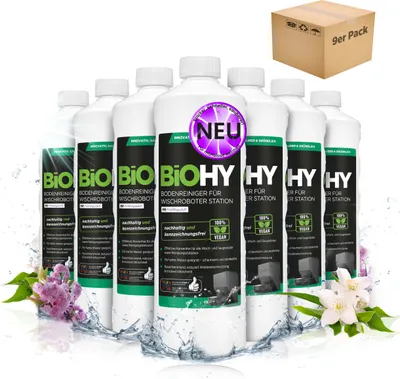 Produktbild von BiOHY Bodenreiniger für Wischroboter Station mit Frühlingsduft, Nicht schäumender Bodenreiniger für Reinigungsstationen, Für hartes Wasser geeignet – 9er Pack (9 x 1 Liter Flasche)