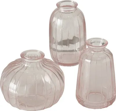 Produktbild von Dekovase im 3er Set aus Glas 3 Formen Oval, Flasche und Rund Tischdekoration Blumenvase -  Rosa