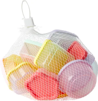 A mesh bag filled with colorful small food containers.