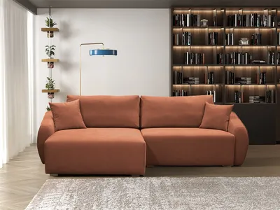 Productafbeelding van Designbank, model ELISE, stoffen bekleding, kleur: zandbruin, met chaise longue aan de linkerkant