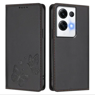 Produktbild von Lederhülle für Oppo Reno8 Pro 5G, Schmetterling Prägung Leder Brieftasche Schutzhülle mit Ständer Schwarz
