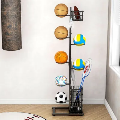 Produktbild von 7 stufiger Basketballhalter, Ball Organizer, Mit Ablagekorb, Haken, 41*28*156cm, schwarz