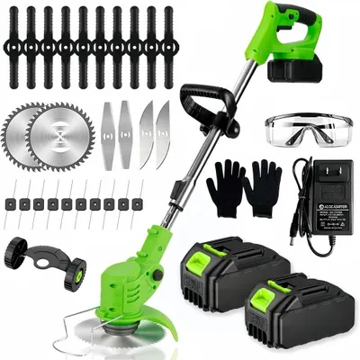 Produktbild von Akku-Rasentrimmer mit 2X21V Akku&Ladegerät, Elektrischer Grasschneider, 5 Arten von Klingen, mit Teleskop-Stiel und Rädern für Hof, Garten