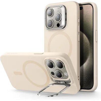 Produktbild von iPhone 15 Pro Hülle Silikon mit Ständer MagSafe Beige Militärnorm Schutz