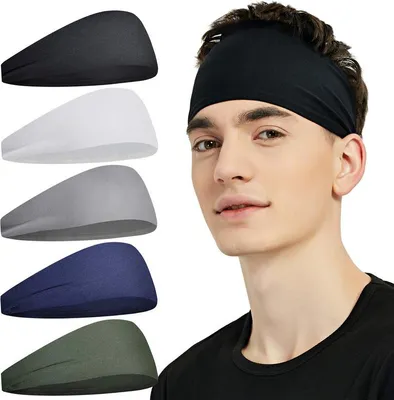 Produktbild von Sport-Stirnbänder für Herren (5er-Pack), feuchtigkeitsableitendes Workout-Stirnband, Schweißband-Stirnbänder zum Laufen, Radfahren, Fußball, Yoga, Haarband für Damen und Herren – 22,4 x 9,4 x 3,3 cm, Grau, Grün, Weiß, Blau, Schwarz