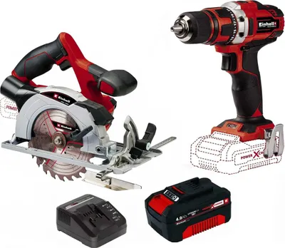 A collection of Einhell power tools and accessories, including a circular saw, a drill, a battery, and a charger, displayed against a white background.