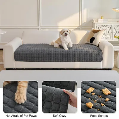 Obrázek produktu pro Potah na pohovku ve tvaru L, ochrana proti poškrábání, pro 3 osoby, tmavě šedá barva, rozměry 90x210 cm, materiál: flanel
