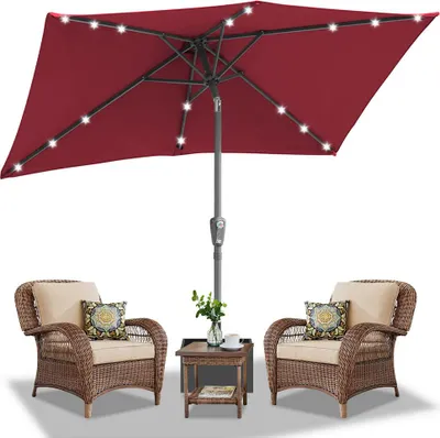 Produktbild von Faziango 140x210m Sonnenschirm UV50+ Neigbar Sonnenschutz Gartenschirm Strandschirm LED Solar, knickbar, Schirmtuch mit PA-Beschichtung, Rot