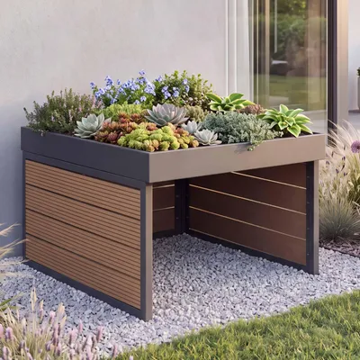 Image de Garage pour tondeuse-robot avec bac à plantes HWC-L45, toit Abri pour tondeuse à gazon, WPC métal 40x60x73cm ~ aspect chêne