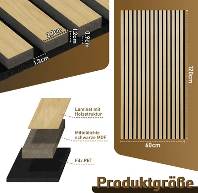 Produktbild von Aopunly Akustikpaneel Wandpaneel Moderne Wandpaneele Akustik HolzwandHolz 2 Paneele MDF Wandpaneele 120x60x2.1cm Hölzern