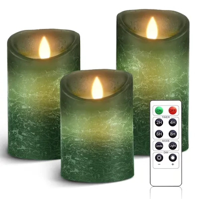 Productafbeelding van Set van 3 groene led-kaarsen, werkt op batterijen, met afstandsbediening, vlamloze echte was