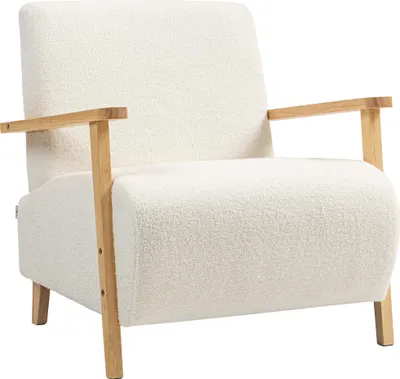 Produktbild von Sessel mit Rückenlehne, Armlehnen, Gepolstert Loungesessel mit Sherpa-Optik, Holzbeine, für Schlafzimmer, Wohnzimmer, bis 120 kg, Cremeweiß