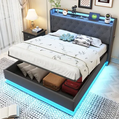 Produktbild von MODFU Polsterbett Boxspringbett 140x200cm mit LED und USB, Hydraulisches Stauraumbett mit Metallrahmen, Doppelbett Jugendbett Leinen,Grau(Ohne Matratze)