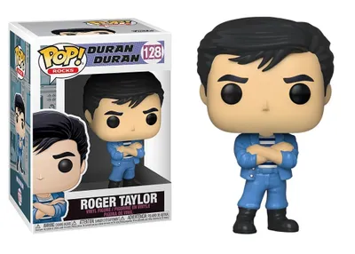 A Funko Pop! vinyl figure of Roger Taylor from Duran Duran, shown both in its packaging and outside of it.