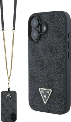 A black Guess branded iPhone case with a gold chain strap and a small matching tag.