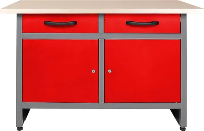 Produktbild von Ondis24 Metall Werkbank 120 cm "Werner" rot 2 Schubladen 2 Türen abschließbar höhenverstellbare Füße 120x60x85 (H) cm Arbeitsplatte Holz Packtisch Werktisch Werkstatttisch Montagewerkbank