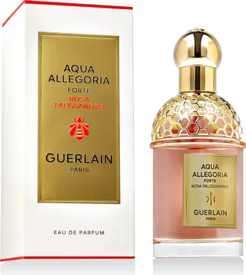 A bottle of Guerlain Aqua Allegoria Forte Rose Rosewood EDP and its packaging are displayed against a white background.