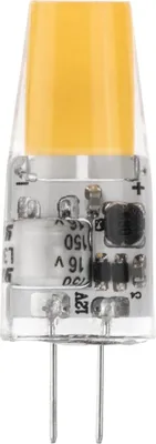 A close-up studio shot of an LED light bulb with a clear casing and a yellow light emitter.