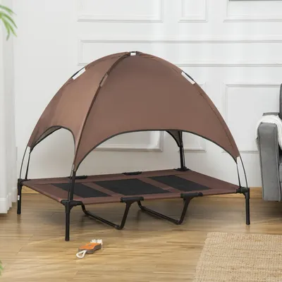 Produktbild von Hundebett erhöht mit Baldachin, Hundeliege Outdoor Camping Oxford-Netzstoff, Kaffee-Schwarz | 122x92x108 cm | 18 cm Standhöhe | UV-beständig