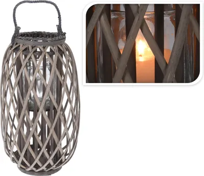Produktbild von ECD Germany Laterne Ried 50xØ28 cm mit Henkel Natur Holz Flechtoptik Rattan Windlicht mit Glaseinsatz Retro-Laterne  Handgeflochtene Gartenlaterne