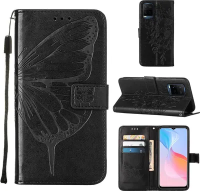 Produktbild von VIVO Y21 2021 Hülle, Schmetterling Prägung Flip Leder Kartenfächer Schutzhülle Ledertasche mit Ständer für VIVO Y21 2021 / Y33S Y21S Schwarz