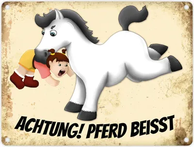 Produktbild von Metallschild mit weißes Pferd Motiv und Spruch: Achtung! Pferd beisst Schild