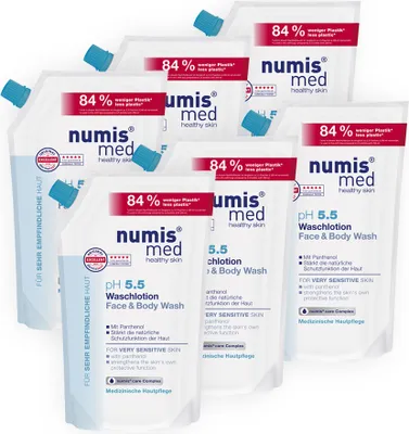 Produktbild von numis med Waschlotion ph 5.5 6x 500ml Nachfüllbeutel - Hautberuhigende Körperlotion für sehr empfindliche & sensible Haut, vegan