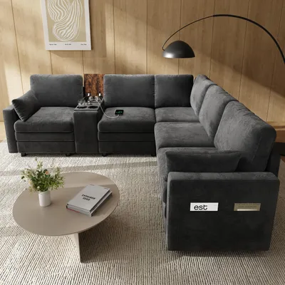 Produktbild von STILVORA Ecksofa 5-Sitzer Cloud Sofa mit USB-Anschlüssen und Getränkehaltern, Modulares Sofa Wendbare Mittelkonsole mit Stauraum, Loungesofa für Wohn- und Schlafzimmer, Grau Chenille