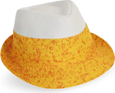 Hut Detailaufnahme – Gelb-weißer Trilby Hut mit Schaumkronen-Optik und sprudelndem Bierdesign