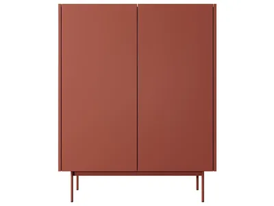 A red cabinet with two doors on a white background.