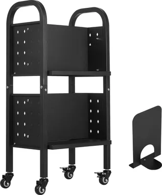 Produktbild von SucceBuy Bücherwagen mit 70 kg Tragkraft, 45 x 33 x 88 cm, doppelseitiges L-förmiges Regal mit Rollen und Bremsfunktion, ideal für Wohnzimmer, Büro und Schule, Schwarz