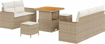 Immagine prodotto di Set da giardino composto da 8 pezzi, divano a 5 posti, colore beige e crema, realizzato in rattan sintetico