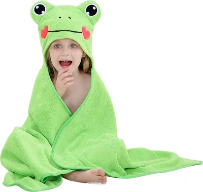 Produktbild von Premium Kapuzenhandtücher für Kinder, Babyhandtücher 70x120cm, Strand- oder Badetuch, Frosch Design, Grün
