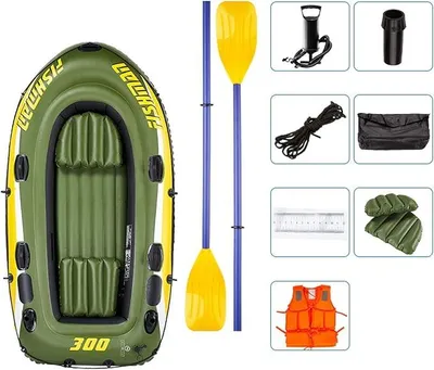 Imagen del producto de Bote inflable de goma, ideal para la pesca en ríos, para 3 personas, con 2 remos de aluminio y bomba de pie. Capacidad máxima de carga: 350 kg. Para deportes acuáticos
