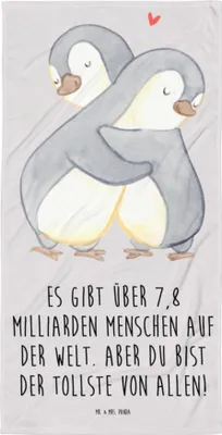Produktbild von Mr. & Mrs. Panda Duschhandtuch Pinguine Kuscheln - Grau Pastell - Geschenk, Großes Badehandtuch, Strandtuch, Valentinstag, Handtuch, Frottee-Handtuch, für Freundin