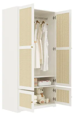 Produktbild von Merax Rattan Kleiderschrank 4-türig, mit Kleiderstange und Einlegeböden, Schlafzimmer Kleiderschrank, Kinderzimmermöbel, 90×48×180 cm, Weiß