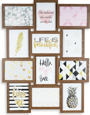 A collage of 12 framed pictures with various designs and text, arranged in a grid.