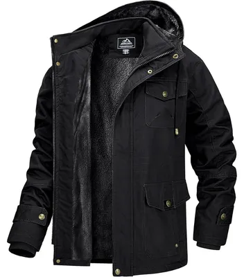 Productafbeelding van Winterjas voor heren, warm gevoerd met fleece, winddicht, overgangsjas, afneembare capuchon, kleur: zwart