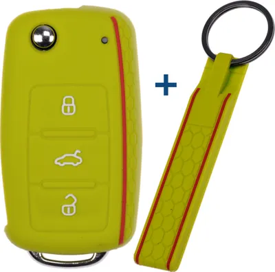 Produktbild von Auto Schlüssel Silikon Schutz Hülle + Schlüsselband im Wabe Design Apfelgrün kompatibel mit VW SEAT Skoda Golf 6 Octavia UP Leon 3 Tasten Klappschlüssel