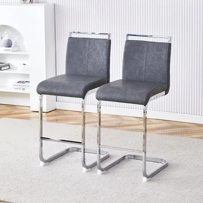 Zdjęcie produktu dla Zestaw 2 stołków barowych, styl skandynawski, ciemnoszara skóra PU, srebrne metalowe nogi, 96 cm