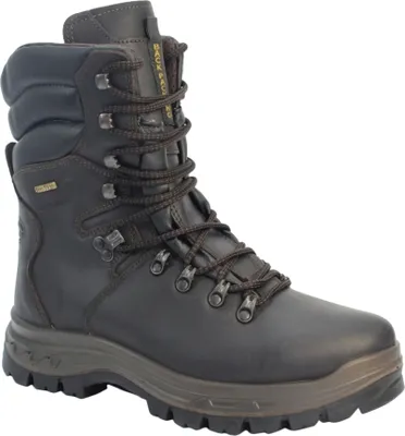 A single brown leather hiking boot is shown against a white background.