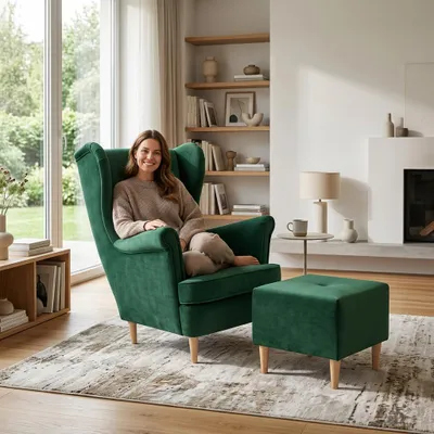 Produktbild von Ohrensessel mit Hocker ARI Monolit Royal – Sessel-Set im skandinavischen Stil, Velours Grün, Family Meble, KI-generiertes Bild