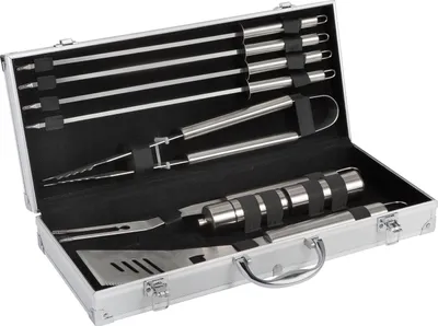 Produktbild von Grillzubehör-Set Edelstahl Grillbesteck 9-teilig mit Aluminiumkoffer, 46x18x8cm