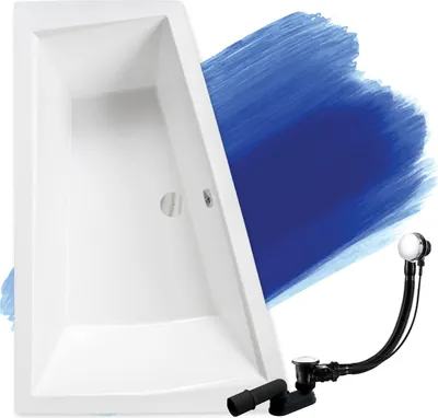 A white bathtub with a blue brush stroke overlay and a drain assembly in the foreground.