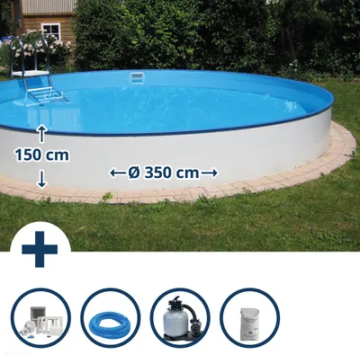 Produktbild von Stahlwandpool Set (6-teilig) hoch rund Bahrain 350 x 150 cm, Stahl 0,8 mm weiß Folie 0,6 mm blau